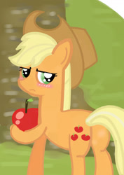 Size: 1240x1754 | Tagged: safe, artist:tiga mega, derpibooru import, applejack, earth pony, pony, apple, applejack's hat, blushing, butt, clothes, cowboy hat, female, food, hat, hoof hold, looking at you, mare, plot, raised hoof, raised leg, solo