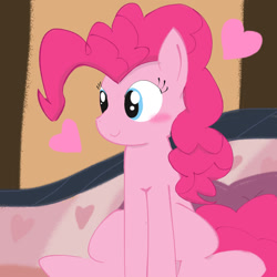 Size: 1378x1378 | Tagged: safe, artist:tiga mega, derpibooru import, pinkie pie, earth pony, pony, blushing, emanata, female, heart, mare, sitting, smiling, solo