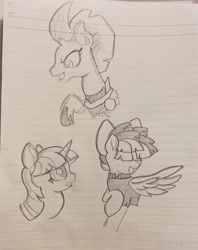 Size: 1624x2048 | Tagged: safe, artist:tiga mega, derpibooru import, songbird serenade, tempest shadow, twilight sparkle, pegasus, pony, unicorn, my little pony: the movie, broken horn, bust, clothes, female, horn, lined paper, mare, sketch, traditional art, trio