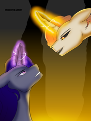 Size: 1440x1920 | Tagged: safe, artist:sforcetheartist, derpibooru import, oc, oc only, alicorn, pony, unicorn, alicorn oc, antagonist, artwork, aura, black sclera, colored pupils, digital art, duo, duo male, ears back, epic, eye contact, eyebrows, fight, fire, glowing, glowing eyes, glowing horn, gritted teeth, horn, lidded eyes, looking at each other, looking at someone, magic, male, narrowed eyes, oc villain, open mouth, open smile, original art, protagonist, sharp teeth, smiling, stallion, teeth, wings