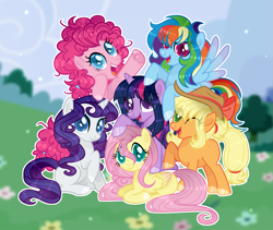 Size: 1809x1529 | Tagged: safe, artist:xxcheerupxxx, derpibooru import, applejack, fluttershy, pinkie pie, rainbow dash, rarity, twilight sparkle, pony, mane six, mane six opening poses