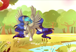 Size: 4093x2794 | Tagged: safe, artist:stormcloud-yt, derpibooru import, oc, oc only, alicorn, pony, alicorn oc, ethereal mane, female, hoof shoes, horn, looking back, mare, outdoors, river, solo, starry mane, water, wings