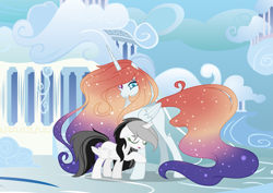 Size: 4093x2894 | Tagged: safe, artist:doraair, artist:stormcloud-yt, derpibooru import, oc, oc only, alicorn, pony, alicorn oc, base used, duo, ethereal mane, female, heterochromia, horn, mare, outdoors, starry mane, wings