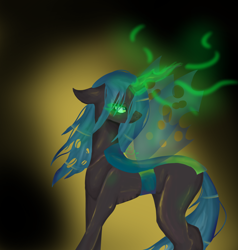 Size: 1000x1050 | Tagged: safe, artist:peachyminnie, derpibooru import, queen chrysalis, changeling, changeling queen, abstract background, female, glowing, glowing horn, green eyes, horn, looking back, magic, solo, sombra eyes