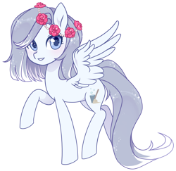 Size: 1024x996 | Tagged: safe, artist:miioko, derpibooru import, oc, oc only, pegasus, pony, female, flower, flower in hair, mare, pegasus oc, raised hoof, raised leg, rose, simple background, solo, transparent background, wings