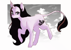 Size: 1280x896 | Tagged: safe, artist:delzol, derpibooru import, oc, oc only, pony, unicorn, eyelashes, female, horn, leonine tail, mare, raised hoof, raised leg, solo, tail, unicorn oc