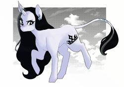 Size: 1280x896 | Tagged: safe, alternate version, artist:delzol, derpibooru import, oc, oc only, pony, unicorn, ear piercing, eyelashes, female, horn, horn ring, jewelry, leonine tail, mare, piercing, raised hoof, raised leg, ring, solo, tail, unicorn oc