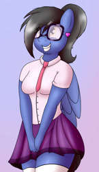 Size: 744x1280 | Tagged: safe, artist:bellenightjoy, derpibooru import, oc, oc only, oc:belle nightjoy, anthro, pegasus, clothes, ear piercing, female, glasses, gradient background, necktie, pegasus oc, piercing, sissy, skirt, solo, wings