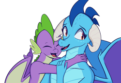 Size: 2100x1437 | Tagged: safe, anonymous artist, derpibooru import, princess ember, spike, dragon, awkward smile, dragoness, emberspike, eyes closed, female, hug, male, shipping, simple background, smiling, straight, transparent background, winged spike, wings