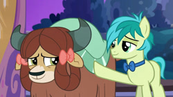 Size: 1280x720 | Tagged: safe, derpibooru import, screencap, sandbar, yona, earth pony, pony, yak, she's all yak, colt, confrontation, cute, daaaaaaaaaaaw, duo, female, foal, male, monkey swings, sandabetes, shipping fuel, yonadorable