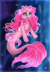 Size: 1280x1852 | Tagged: safe, artist:copshop, derpibooru import, pinkie pie, angler fish, fish, seapony (g4), blue eyes, bubble, dorsal fin, female, fish tail, flowing mane, flowing tail, glowing, logo, mare, ocean, open mouth, open smile, pink mane, pink tail, seaponified, seapony pinkie pie, seaquestria, smiling, solo, species swap, starry eyes, swimming, tail, teeth, underwater, water, watermark, wingding eyes