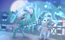 Size: 1280x788 | Tagged: safe, artist:shaslan, derpibooru import, oc, oc only, pegasus, pony, unicorn, detailed background, force field, magic, magic aura, moon, road, spread wings, sword, town, weapon, wings