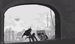 Size: 2367x1385 | Tagged: safe, artist:cadillacdynamite, derpibooru import, luster dawn, princess twilight 2.0, twilight sparkle, twilight sparkle (alicorn), alicorn, pony, unicorn, the last problem, city, female, mare, monochrome, older, older twilight, scenery