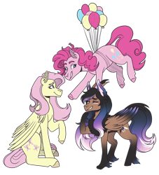 Size: 3000x3300 | Tagged: safe, artist:kikirdcz, derpibooru import, fluttershy, pinkie pie, oc, oc:alexus nictivia, pony, balloon, floating, simple background, then watch her balloons lift her up to the sky, transparent background