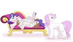 Size: 1280x732 | Tagged: safe, artist:itstechtock, derpibooru import, rarity, oc, oc:bowtie (pokemontrainermax), oc:precious gem, pony, colt, fainting couch, female, foal, male, mare, simple background, sofa, transparent background, unshorn fetlocks