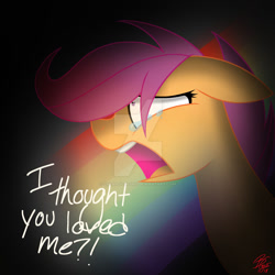 Size: 1024x1024 | Tagged: safe, artist:creamycolors, derpibooru import, scootaloo, pegasus, pony, fanfic:rainbow factory, absentia, crying, dialogue, ears, fanfic art, floppy ears, open mouth, rainbow, sad, signature, solo, tears of sadness, teeth, yelling