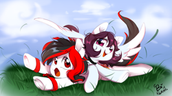 Size: 1259x698 | Tagged: safe, artist:hibikiarts, derpibooru import, oc, oc only, oc:snowbi heart, oc:tiorafa, earth pony, pegasus, pony, choker, duo, looking back, lying down, open mouth, open smile, prone, smiling, wristband