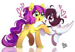 Size: 1321x919 | Tagged: safe, artist:hibikiarts, derpibooru import, oc, oc only, oc:snowbi heart, earth pony, pegasus, pony, duo, ear piercing, earring, eye contact, female, freckles, heart, hug, jewelry, looking at each other, looking at someone, mare, open mouth, open smile, piercing, simple background, smiling, unshorn fetlocks, white background