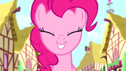 Size: 1280x720 | Tagged: safe, derpibooru import, screencap, pinkie pie, earth pony, pony, pinkie pride, season 4, ^^, cute, diapinkes, eyes closed, female, mare, ponyville, smiling, solo, squee