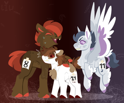 Size: 1200x1000 | Tagged: safe, artist:lepz_weird, derpibooru import, button mash, pipsqueak, rumble, earth pony, pegasus, adult button mash, adult pipsqueak, adult rumble, alternate design, colored pupils, colored wings, male, open mouth, running of the leaves, wings