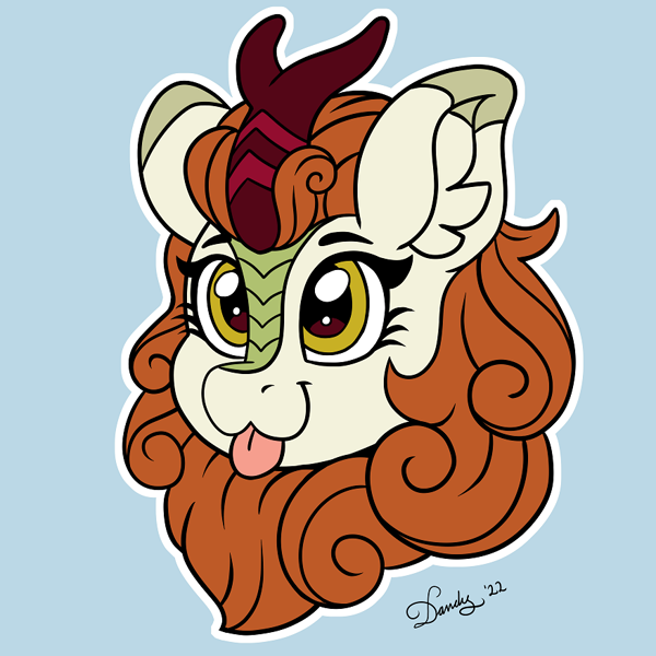 Size: 877x877 | Tagged: safe, artist:dandy, derpibooru import, autumn blaze, kirin, :p, awwtumn blaze, blue background, bust, colored, cute, ear fluff, ears, featured image, female, flat colors, head only, outline, portrait, signature, simple background, solo, tongue, tongue out, white outline