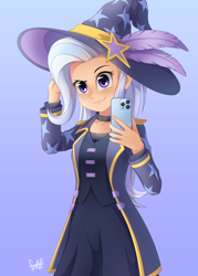 Size: 2500x3500 | Tagged: safe, artist:fadlihalimns, derpibooru import, trixie, human, clothes, feather, gradient background, hat, high res, humanized, phone, simple background, solo, trixie's hat