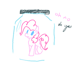 Size: 317x275 | Tagged: safe, artist:anonymous, ponerpics import, pinkie pie, earth pony, pony, aggie.io, cum jar, female, jar, mare, pony in a bottle, simple background, sketch, solo, text