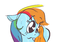 Size: 322x223 | Tagged: safe, artist:hattsy, ponerpics import, rainbow dash, pegasus, pony, aggie.io, female, heart eyes, mare, simple background, sketch, solo, sweat, towel, wingding eyes