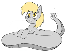 Size: 871x631 | Tagged: safe, artist:anonymous, ponerpics import, derpy hooves, original species, pony, snake, snake pony, aggie.io, fangs, female, mare, simple background, snerpy, solo, tail shake