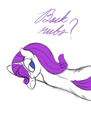 Size: 508x682 | Tagged: safe, artist:ahorseofcourse, ponerpics import, rarity, pony, unicorn, aggie.io, back rub, female, lidded eyes, looking at you, looking back, looking back at you, lying down, mare, simple background, smiling, solo, text, underhoof
