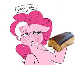 Size: 645x553 | Tagged: safe, artist:hattsy-nsfw, edit, editor:hotkinkajou, ponerpics import, pinkie pie, earth pony, pony, aggie.io, cheeks full, eclair, food, lidded eyes, simple background, suggestive eating