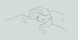 Size: 404x209 | Tagged: source needed, useless source url, safe, artist:anonymous, ponerpics import, fluttershy, pegasus, pony, aggie.io, bed, blanket, eyes closed, female, mare, monochrome, pillow, simple background, sleeping, solo