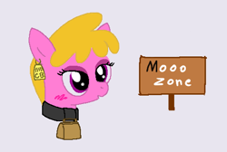 Size: 508x342 | Tagged: source needed, useless source url, safe, artist:anonymous, ponerpics import, cherry berry, earth pony, pony, aggie.io, bell, blushing, collar, cowbell, ear tag, female, mare, moo, sign, simple background, solo