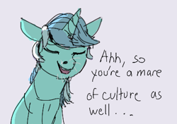 Size: 421x296 | Tagged: source needed, useless source url, safe, artist:rhorse, ponerpics import, lyra heartstrings, pony, unicorn, aggie.io, dialogue, eyes closed, female, horn, mare, meme, open mouth, simple background, smiling, solo, talking to viewer, whiskers