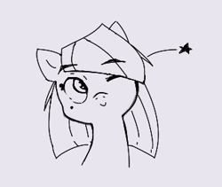 Size: 325x274 | Tagged: source needed, useless source url, safe, artist:anonymous, ponerpics import, limestone pie, earth pony, pony, aggie.io, female, hair over one eye, mare, monochrome, one eye closed, simple background, smiling, solo, stars, wink