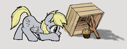 Size: 581x222 | Tagged: source needed, useless source url, safe, artist:anonymous, ponerpics import, derpy hooves, pegasus, pony, aggie.io, box, female, food, mare, muffin, simple background, sneaking, solo, stick, tongue, tongue out, trap, wings