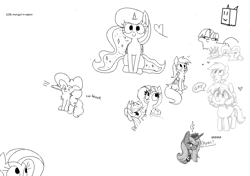 Size: 910x640 | Tagged: safe, artist:wafflecakes, ponerpics import, applejack, derpy hooves, fluttershy, pinkie pie, princess luna, rarity, twilight sparkle, oc, alicorn, earth pony, pegasus, pony, unicorn, aggie.io, dialogue, drawpile, eyes closed, female, frisbee, frown, hat, heart, horn, impact, looking at you, mare, monochrome, open mouth, simple background, sitting, smiling, tongue, tongue out, twiggles, wings