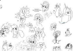 Size: 910x640 | Tagged: safe, artist:wafflecakes, ponerpics import, applejack, lyra heartstrings, pinkie pie, princess luna, rarity, sweetie belle, oc, alicorn, earth pony, pony, unicorn, aggie.io, balloon, chest fluff, clothes, drawpile, female, hat, horn, mare, monochrome, open mouth, simple background, smiling, tongue, tongue out