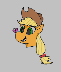 Size: 212x247 | Tagged: safe, artist:anonymous, ponerpics import, applejack, butterfly, earth pony, pony, aggie.io, butterfly on nose, female, hat, insect on nose, mare, simple background, smiling, solo