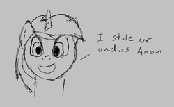 Size: 384x236 | Tagged: safe, artist:anonymous, ponerpics import, lyra heartstrings, pony, unicorn, aggie.io, dialogue, female, implied anon, lowres, mare, monochrome, open mouth, simple background, smiling, solo, talking to viewer