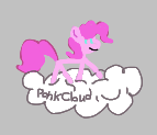 Size: 143x123 | Tagged: safe, artist:anonymous, ponerpics import, pinkie pie, earth pony, pony, aggie.io, cloud, female, lowres, mare, simple background, smiling, solo, text, walking on clouds