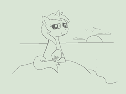 Size: 546x407 | Tagged: safe, artist:anonymous, ponerpics import, sea swirl, seafoam, pony, unicorn, aggie.io, beach, female, horn, looking at you, looking back, mare, monochrome, ocean, simple background, sitting, smiling, solo, sunset, water