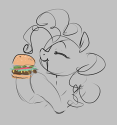 Size: 420x448 | Tagged: safe, artist:hattsy, ponerpics import, pinkie pie, earth pony, pony, aggie.io, burger, eating, eyes closed, female, food, hamburger, mare, open mouth, simple background, smiling, solo