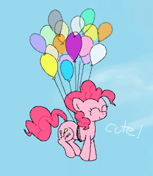 Size: 328x378 | Tagged: safe, artist:anonymous, ponerpics import, pinkie pie, earth pony, pony, aggie.io, balloon, eyes closed, female, flying, mare, sky, smiling, solo