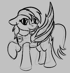 Size: 270x284 | Tagged: safe, artist:anonymous, ponerpics import, oc, oc only, bat pony, pony, aggie.io, bat wings, clothes, fangs, female, looking at you, mare, monochrome, raised hoof, raised leg, simple background, smiling, solo, wings