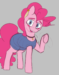 Size: 313x400 | Tagged: safe, artist:anonymous, ponerpics import, pinkie pie, earth pony, pony, aggie.io, blushing, clothes, collar, dress, ear piercing, earring, female, jewelry, mare, open mouth, piercing, simple background, smiling, solo, underhoof, waving, waving at you