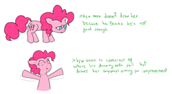 Size: 741x402 | Tagged: safe, artist:anonymous, ponerpics import, pinkie pie, earth pony, pony, /pnk/, aggie.io, ears, eyes closed, female, floppy ears, greentext, happy, mare, open arms, sad, simple background, smiling, text