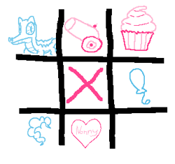 Size: 319x300 | Tagged: safe, artist:anonymous, ponerpics import, gummy, /pnk/, aggie.io, balloon, cupcake, food, heart, mane, no pony, party cannon, simple background, tic tac toe