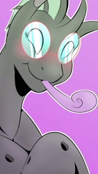 Size: 1080x1920 | Tagged: safe, artist:barnnest, oc, oc only, oc:yvette (evan555alpha), changeling, blushing, bust, celebrating, changeling oc, crossed hooves, cute, cuteling, dorsal fin, evan555alpha's birthday, fangs, female, glasses, happy, ocbetes, party horn, pink background, round glasses, silly, simple background, smiling, solo, white outline