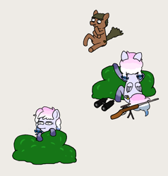 Size: 1900x2000 | Tagged: safe, artist:potatoconnoisseur, derpibooru exclusive, derpibooru import, oc, oc only, oc:heavy weather, oc:smelly bigshit, earth pony, pegasus, pony, binoculars, bush, female, gun, hiding, imminent death, looking at someone, male, mare, multiple views, simple background, stallion, thinking, weapon